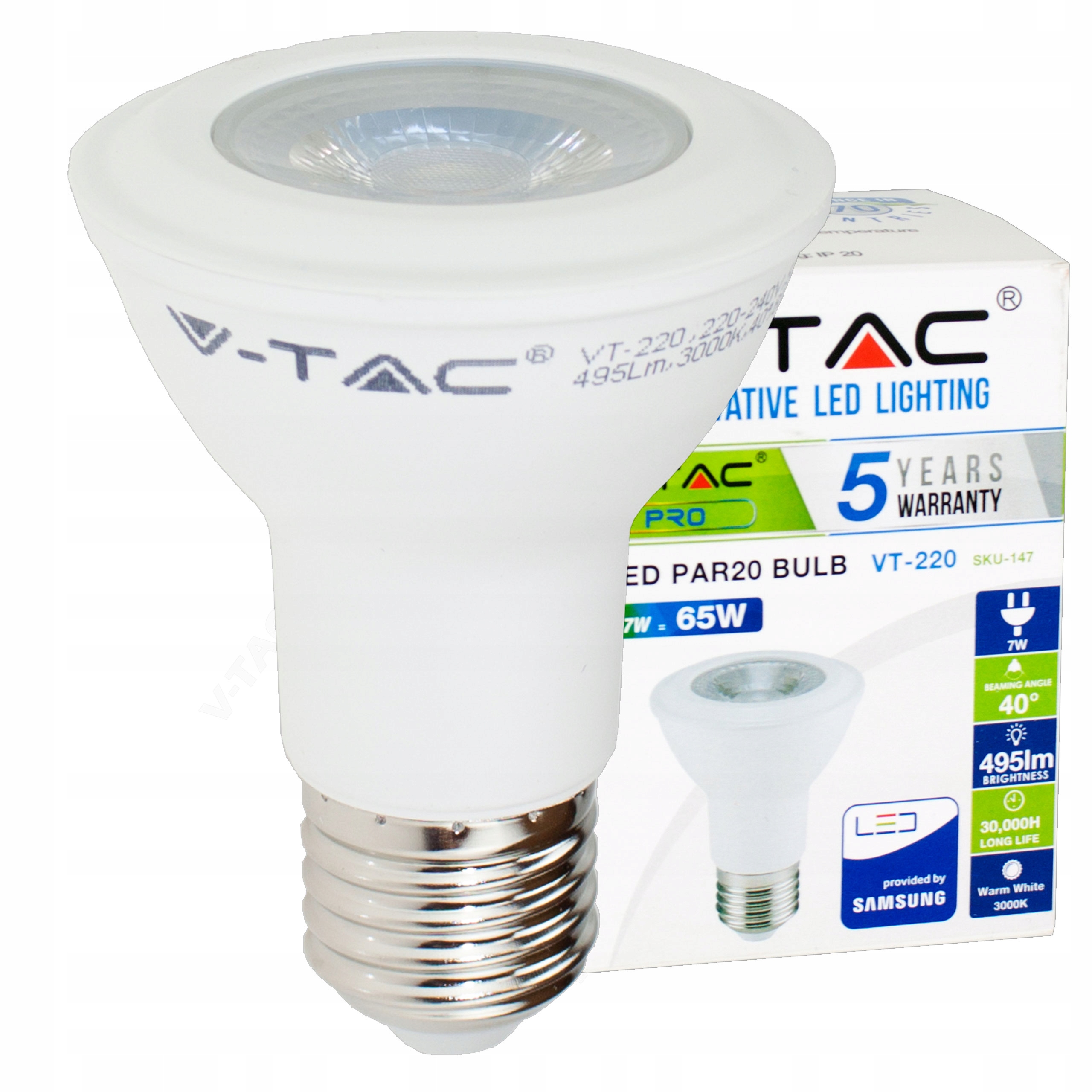 

Żarówka halogen lampa Led PAR20 7W E27 VT-220