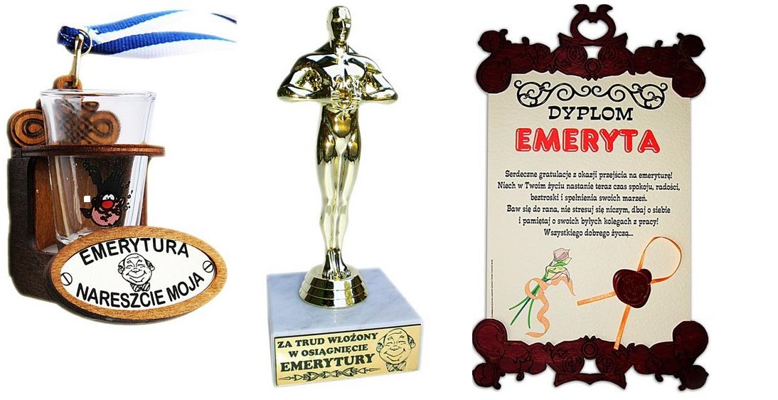 

Statuetka Emeryta Dyplom Kieliszek Emerytura