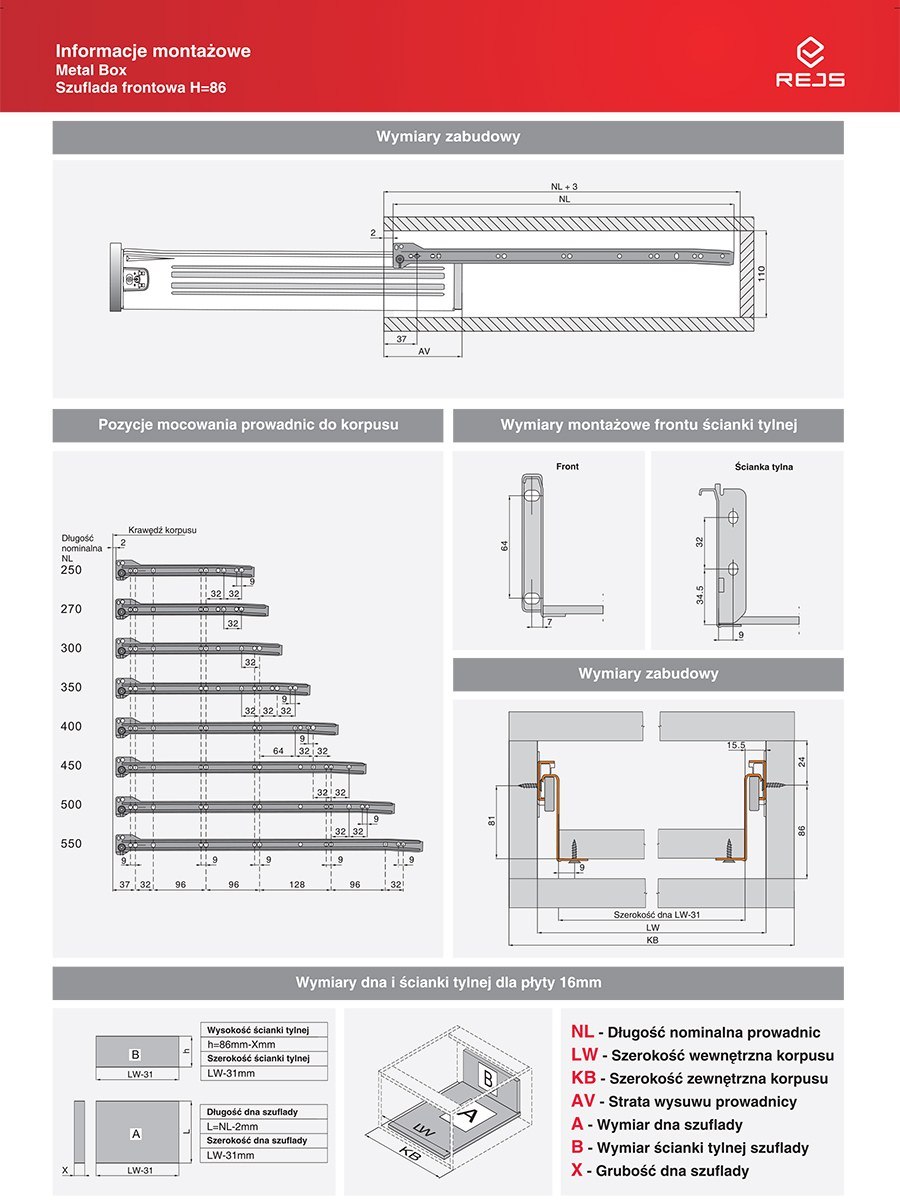 METALBOX metalowe boki do szuflady BIAŁE 270/86 Kod producenta 01164