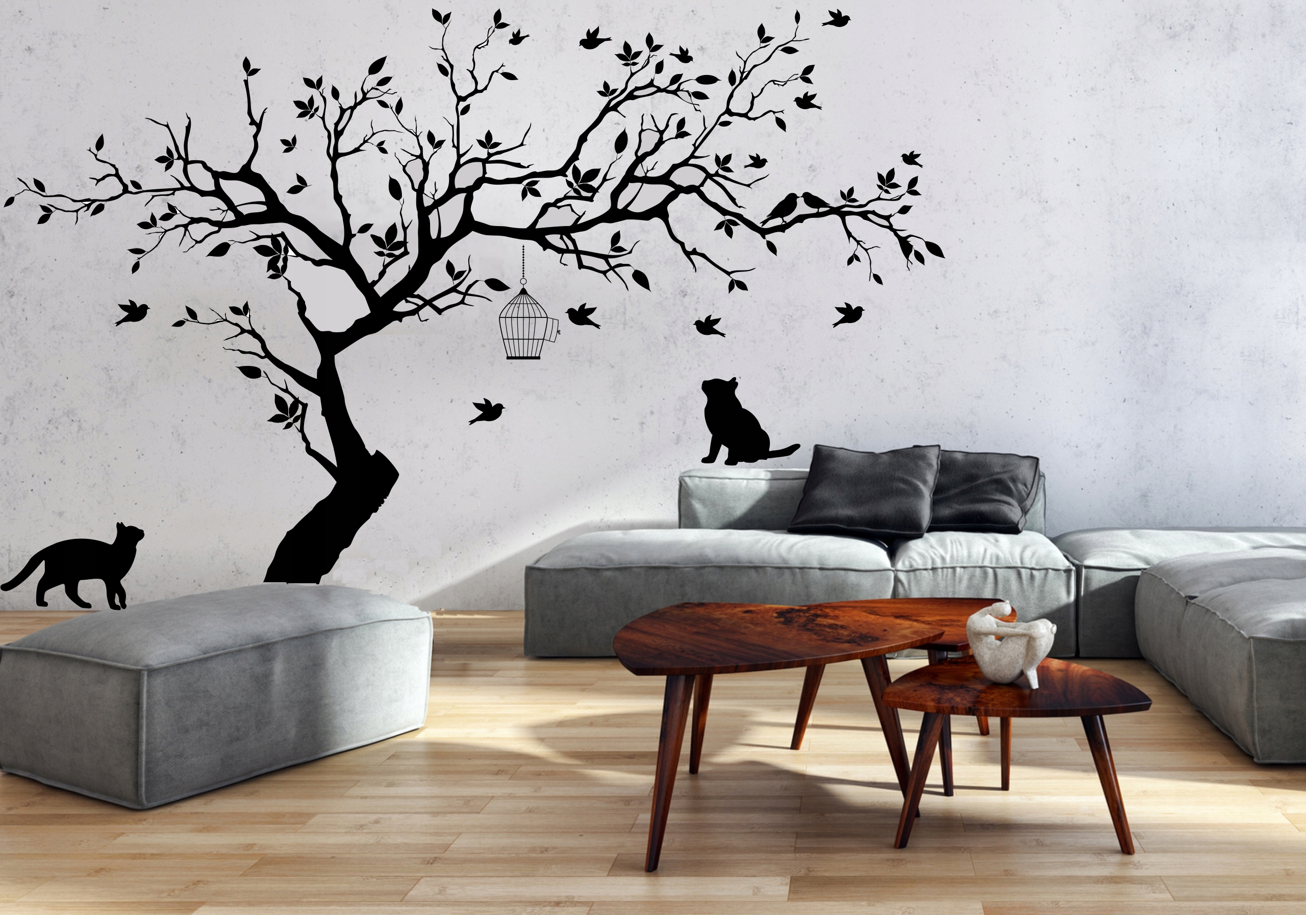naklejka drzewo na ścianę ścienna koty ptaki 1520 Motyw Dekor Dziecięce Kuchenne Motywy roślinne Motywy zwierzęce Nowoczesne Orientalne Pejzaże Postacie