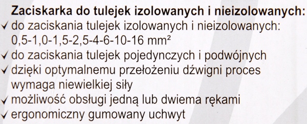 ZACISKARKA PRASKA TULEJEK KOŃCÓWEK KABLI 0,5-16mm2 Model 01773