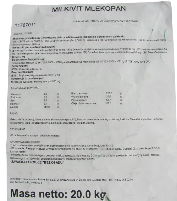 MILKIVIT MLEKOPAN MLEKO DLA CIELĄT 20kg Kod producenta 3939