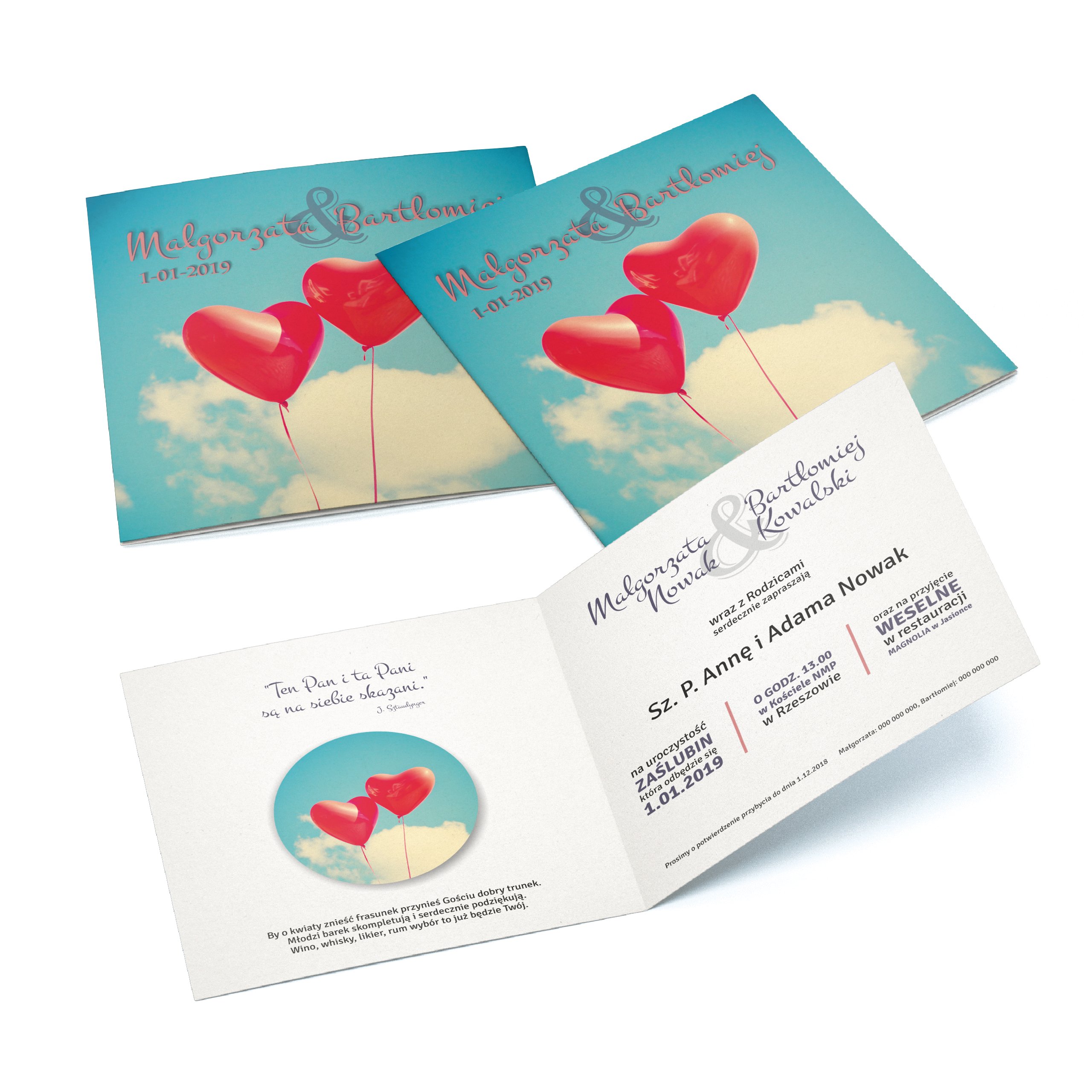 ZAPROSZENIA ŚLUBNE Romantyczne Kwiat Serce kwadrat Grubość papieru 300 g