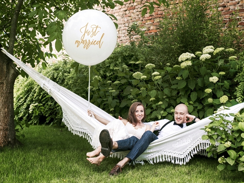 BALON GIGANT JUST MARRIED ZŁOTY 1 METR ŚLUB WESELE Wypełnienie powietrze