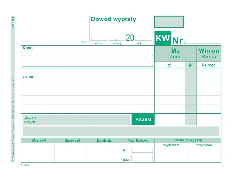 

402-5 Kw Dowód Wypłaty A6 Kasowe Bankowe