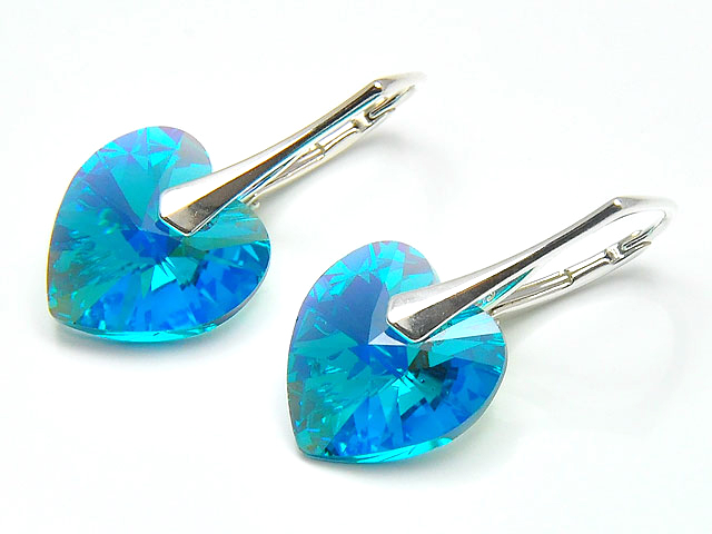 

925 Srebrne Kolczyki Swarovski Serca Blue Zircon