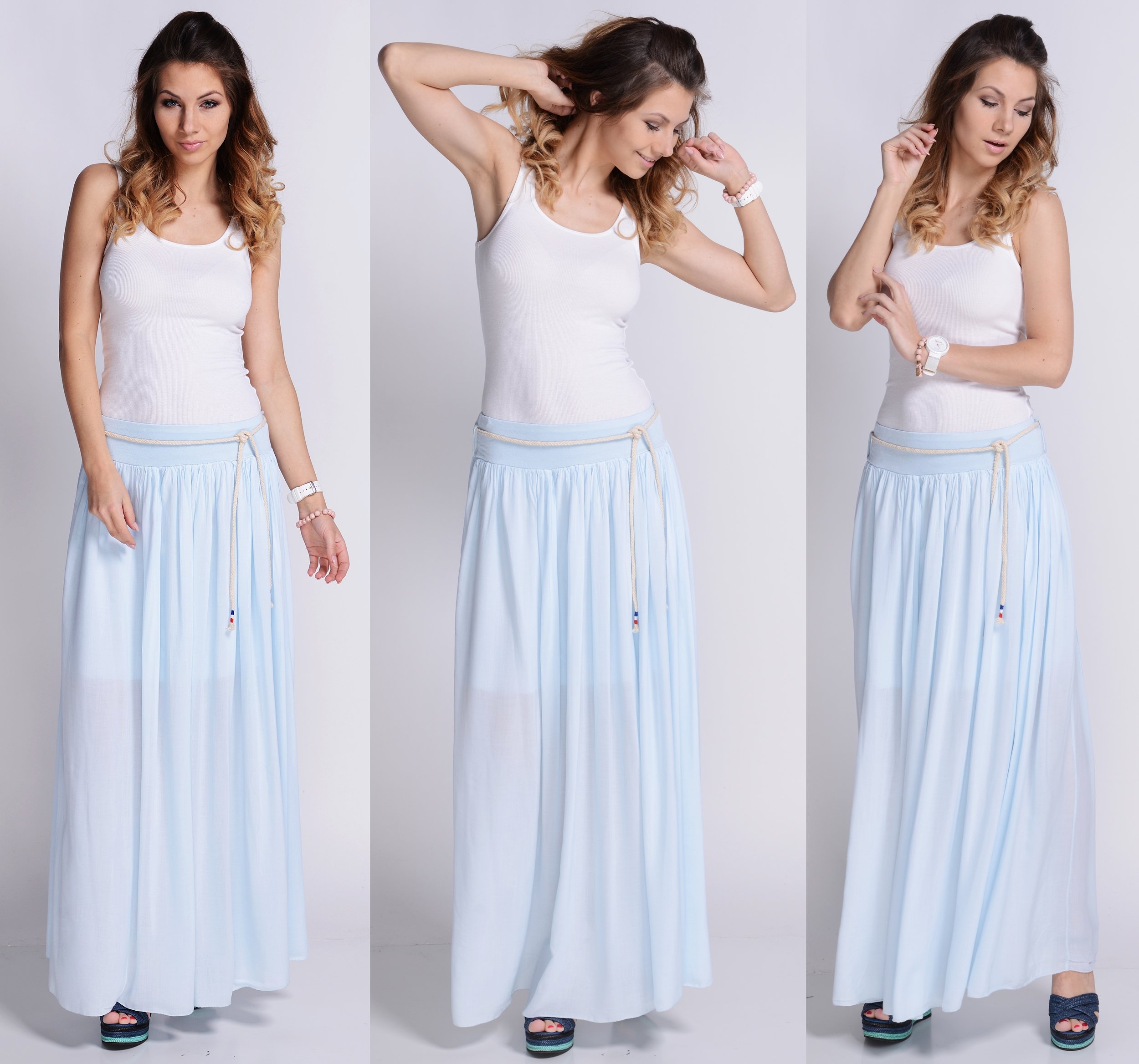 MAXI LEKKA DŁUGA SPÓDNICA ROZKLOSZOWANA błękit Wzór dominujący inny wzór