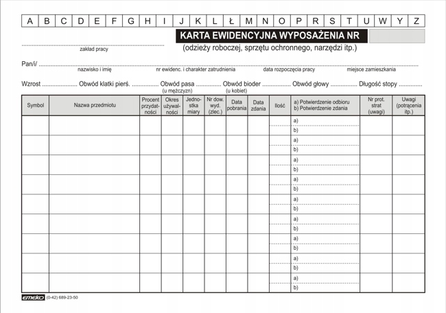 

Karta Ewidencji Wyposażenia A5 50k druk Emeko 035