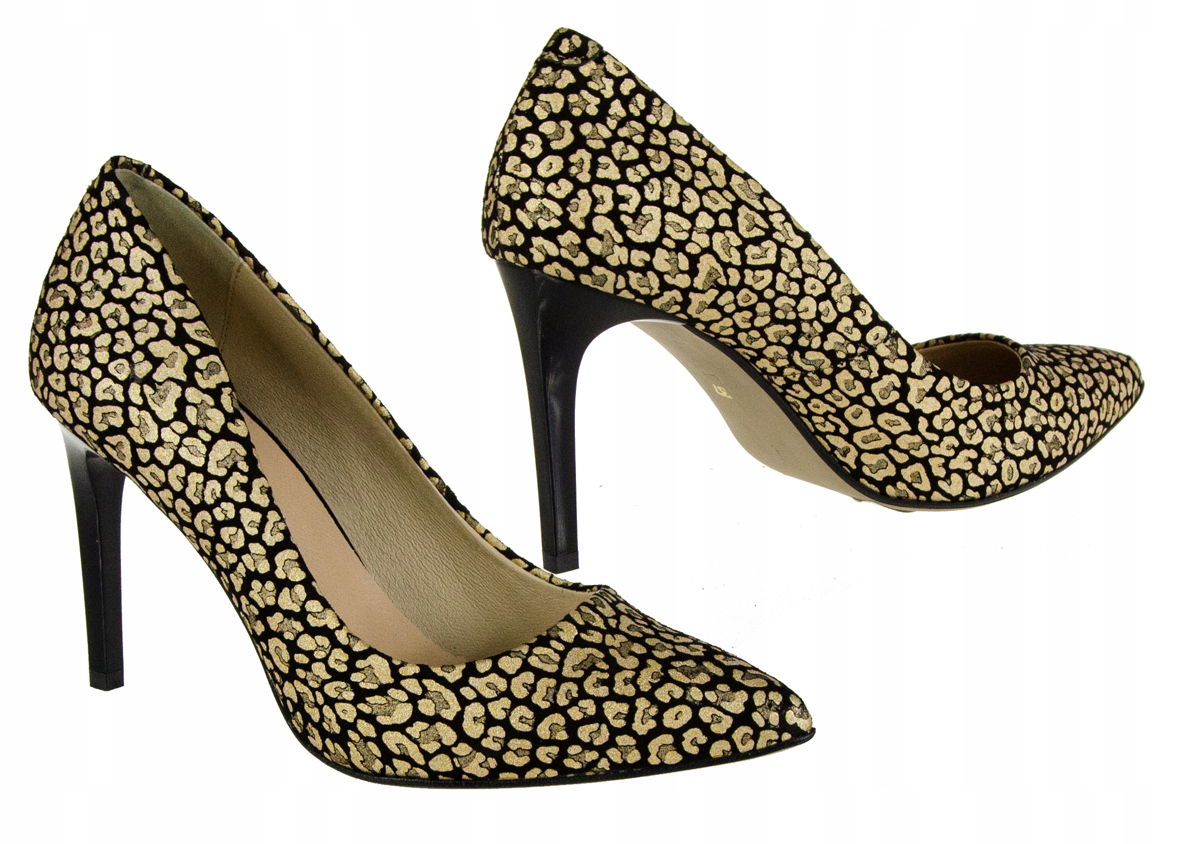 LaRoni E659 SZPILKI SZPIC 9cm SKÓRA ZŁOTE CZARNE 4 Rozmiar 41