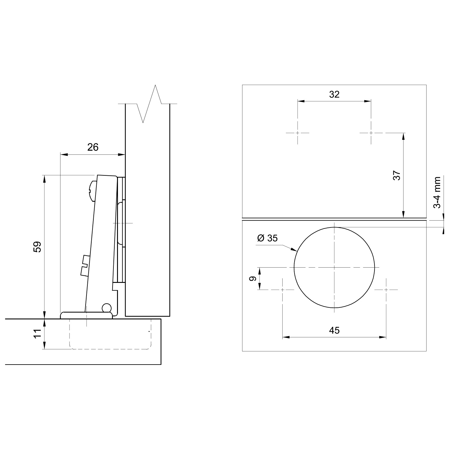 Присадка мебельной петли 35мм чертеж
