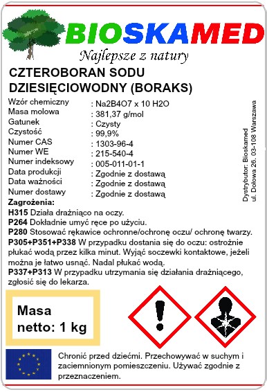 BORAKS 99,9% 10H2O Czteroboran Sodu 10-wodny 1kg Postać proszek
