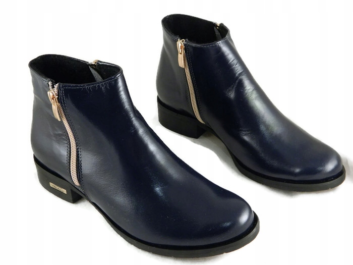

UNI-19 Stylowe Niskie Botki Dwa Zamki Skóra Nat