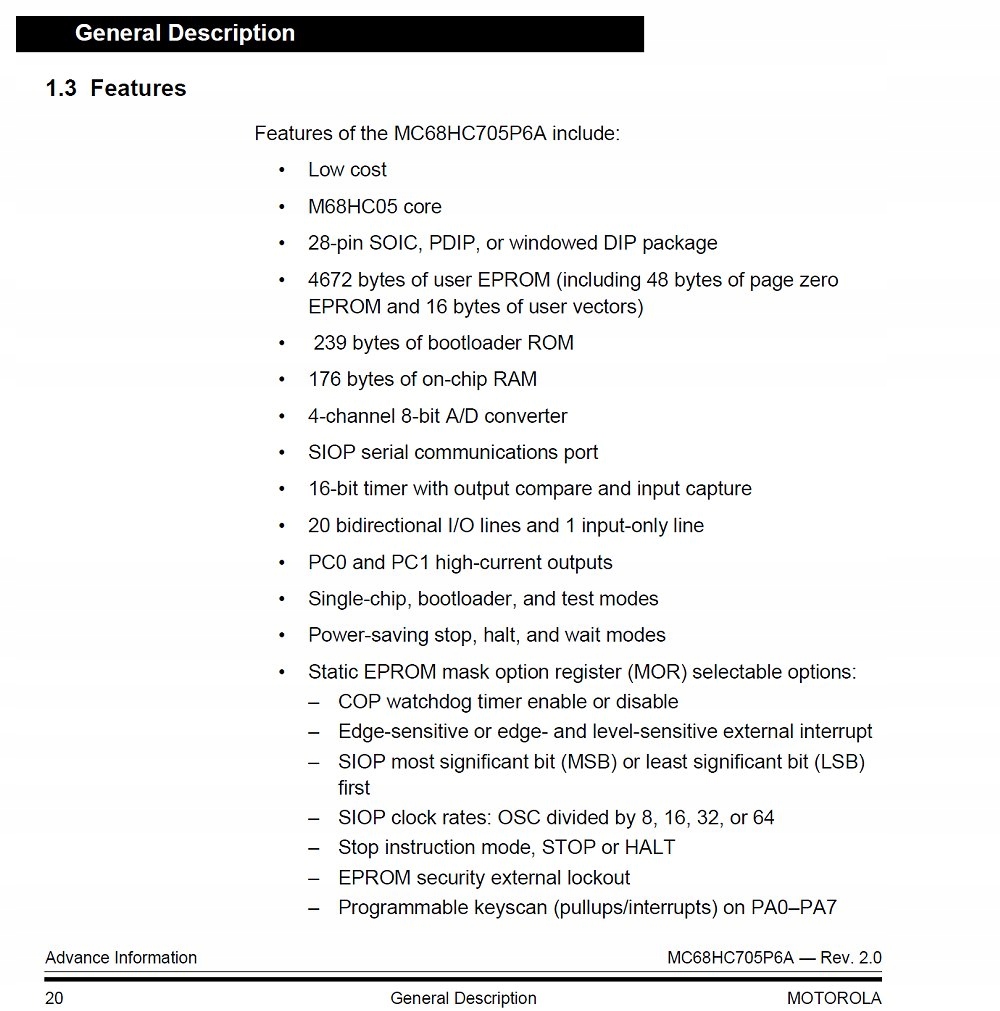 XC68HC705 Motorola mikrokontroler 8-Bit 2.1MHz SMD Producent Motorola