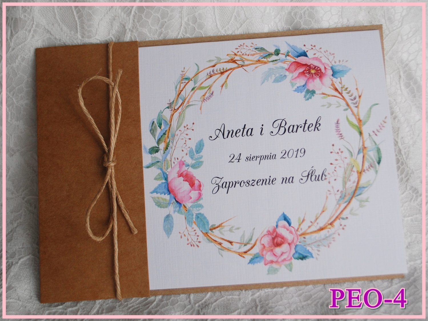 ZAPROSZENIA ŚLUBNE RUSTYKALNE piwonie + KOPERTA Wykończenie papieru matowe