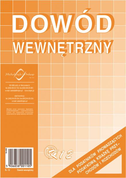 

Dowód Wewnętrzny dla prowadzących KPiR A5 K12 Łódź