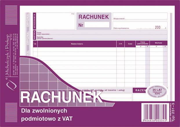 

Rachunek dla zwolnionych z Vat A5 231-3 Łódź