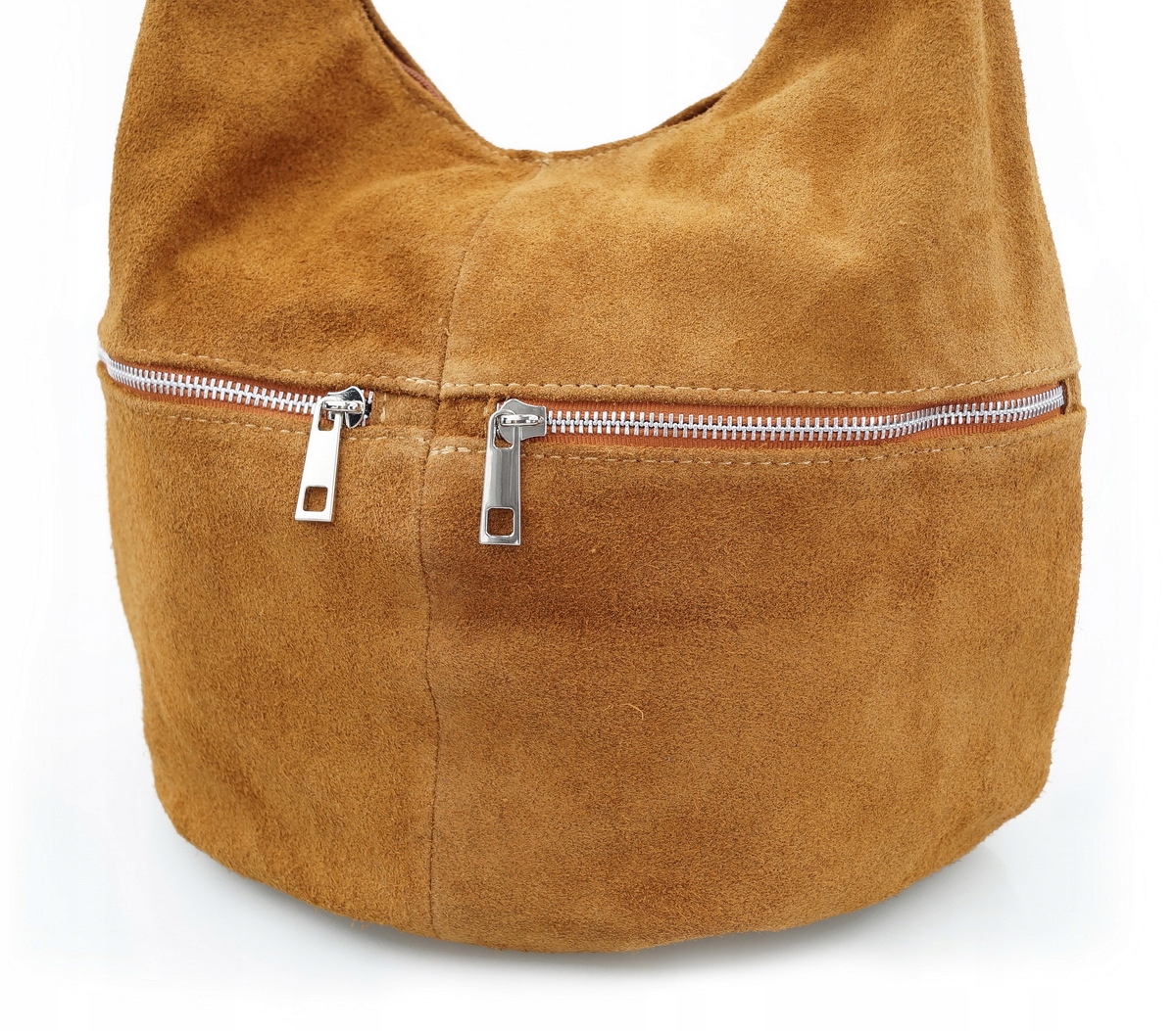 TOREBKA SKÓRZANA zamsz worek suwaki V318 camel Kolor okuć srebrny