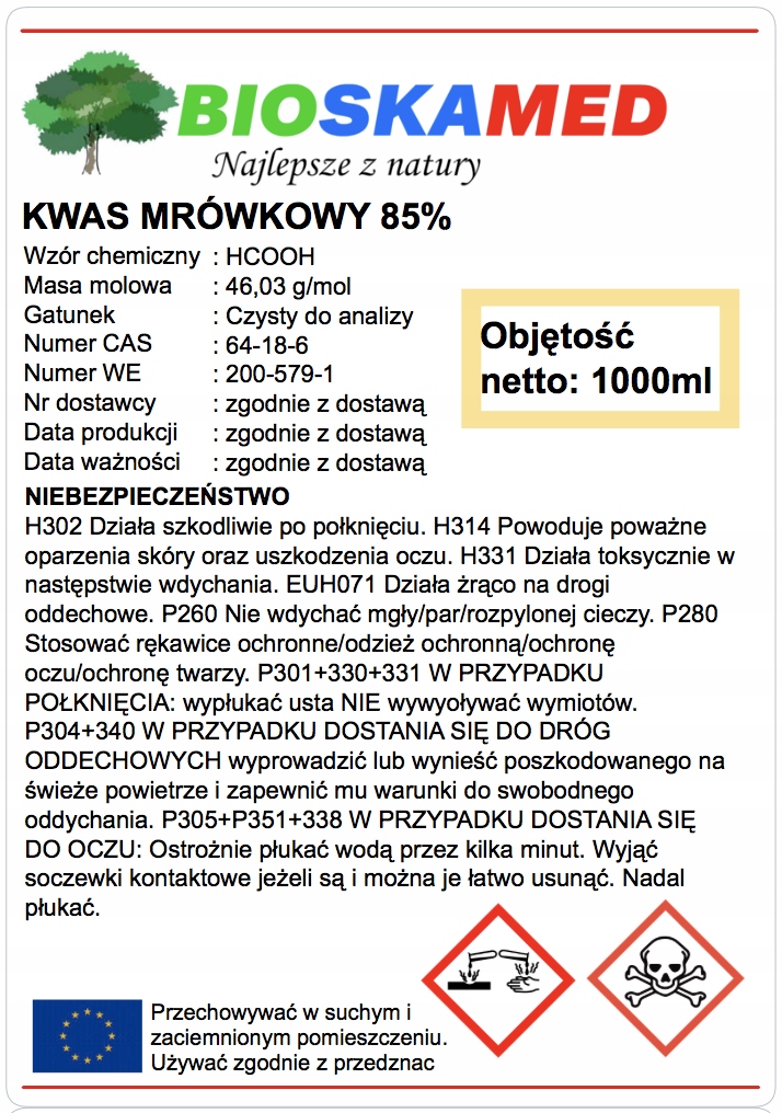 KWAS MRÓWKOWY 85% Czysty do analizy 1 litr Kod producenta 111