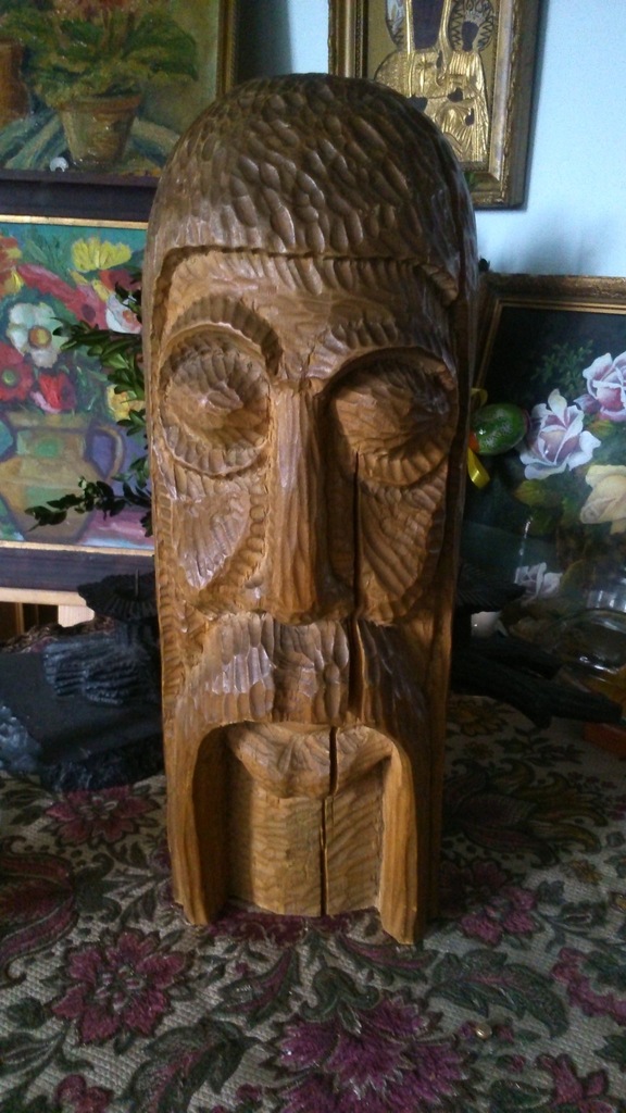 Stara rzeźba głowa 2 twarze drewniana