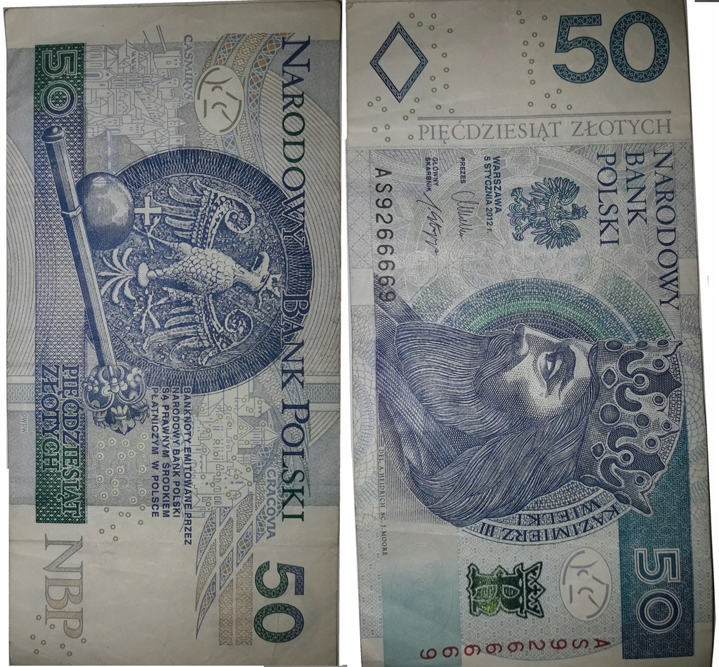Banknot 50zł - numer seryjny AS 6666 rzadki