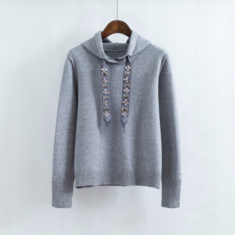 BLUZA Z KAPTUREM SZARA SZNURKI Z KRYSZTAŁKAMI M