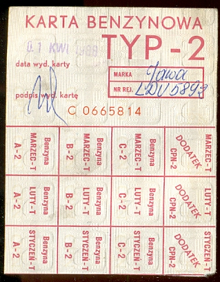 Karta Benzynowa TYP -2 z 1988 roku.