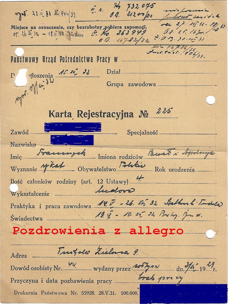 Karta Rejestracyjna Bezrobotnego 1932r. PUPP