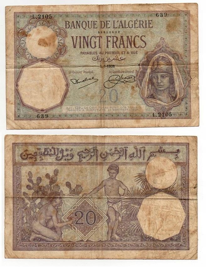 ALGIERIA FRANCUSKA 1926 20 FRANCS