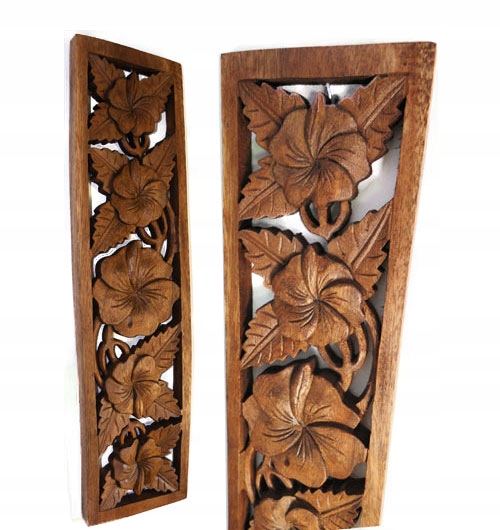 Rzeźba Drewno Suar Panel KWIATY Rękodzieło 40x12cm