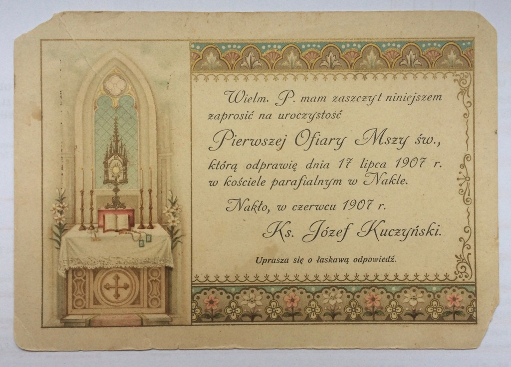 Stare zaproszenie Nakło 1907 Ks.Kuczyński Secesja