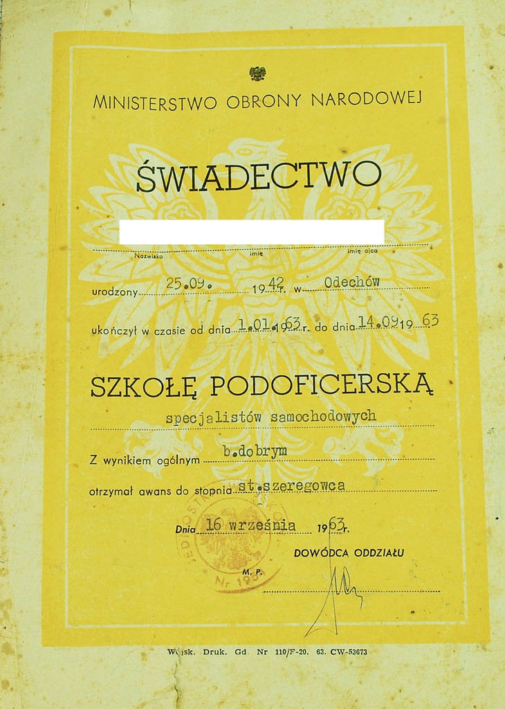 Świadectwo Szkoły Podoficerskiej 1963 OSTRÓDA