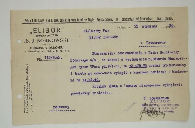 Elibor SA Radom, protest i wykupienie weksla 1930