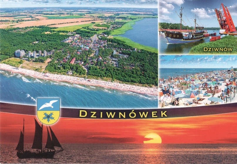 DZIWNÓWEK - WIDOK Z LOTU PTAKA + HERB + STATEK -
