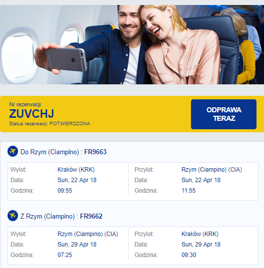 2 Bilety lotnIcze Ryanair KRAKÓW-RZYM-KRK 22-29.04