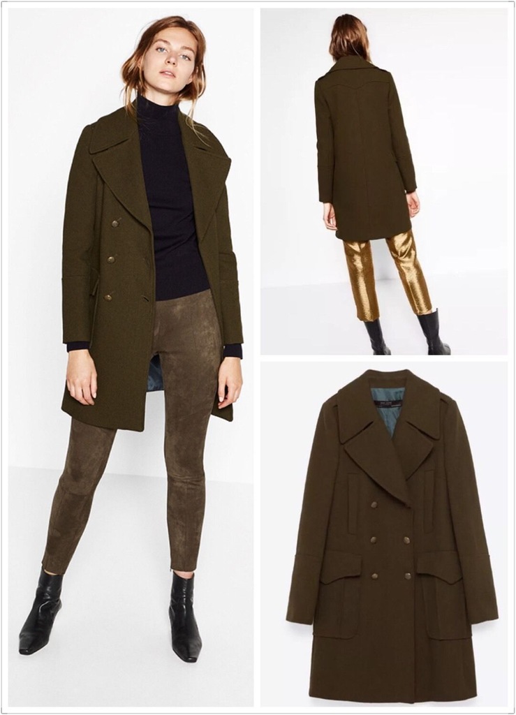 ZARA 42 XL wełniany KHAKI wojskowy płaszcz ZZ0568
