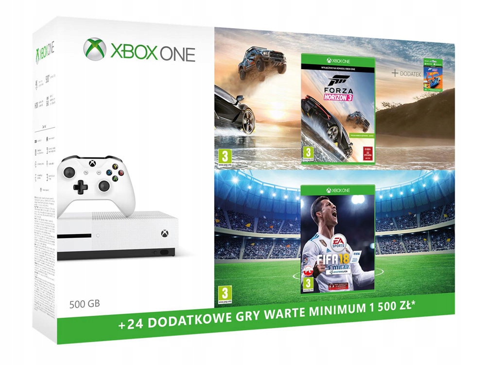Konsola Xbox One S 500GB + FH3 + FIFA 18 + XBL 6M