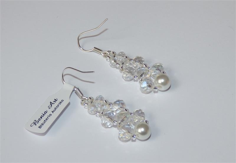 Ślubne kolczyki białe perły kryształki ab 4.5 cm
