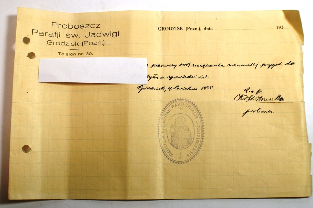 Dokument Parafia Grodzisk Wielkopolski stempel ory