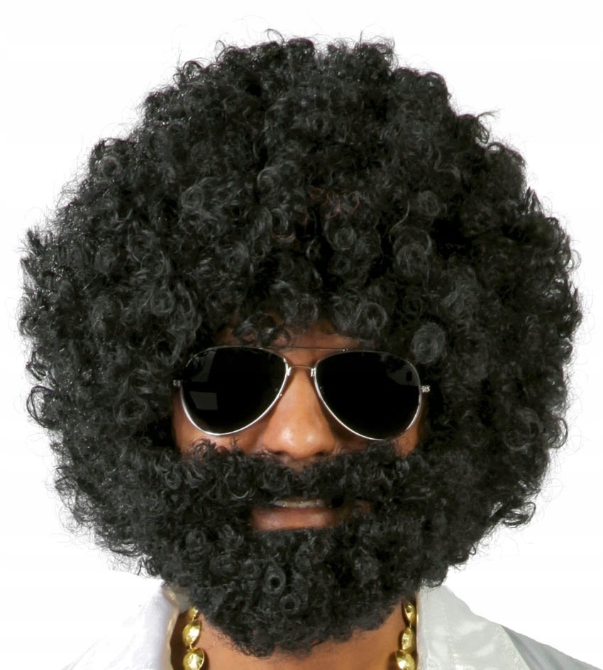 PERUKA AFRO CZARNA Z BRODĄ LATA 70 DISCO