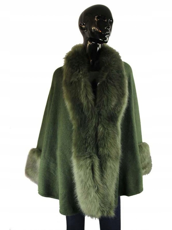 Ponczo zielone poncho płaszcz rękawy lis futerko