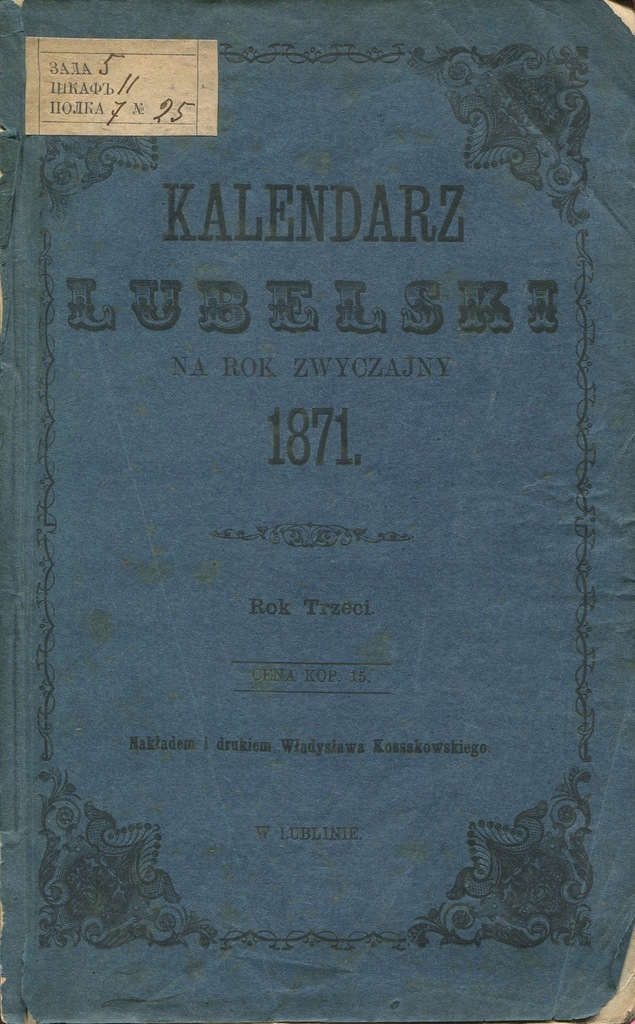 KALENDARZ LUBELSKI Lublin 1871 taryfa domów