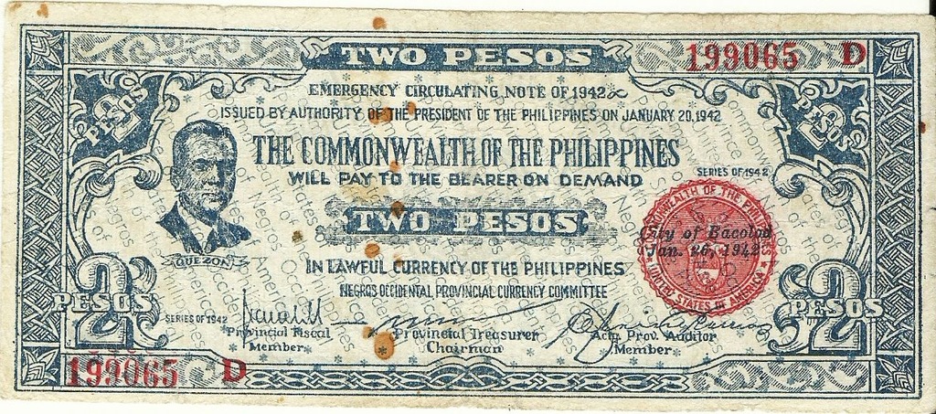 Filipiny 2 Pesos 1942 wyspa Negros okupacja japońs