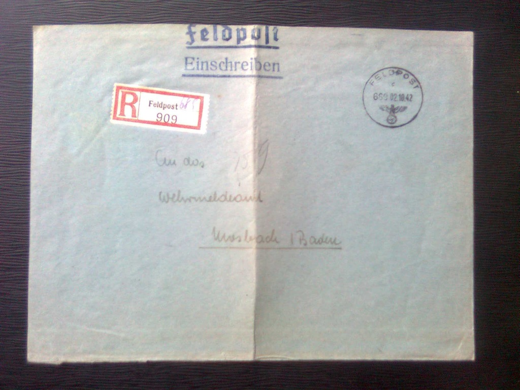 Niemiecki List polecony Poczty Polowej  1942 r.