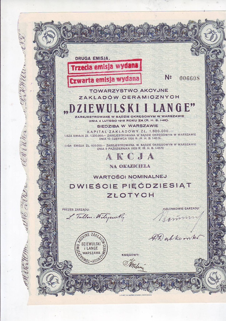 Dziewulski i Lange SA akcja 250 zł II em.