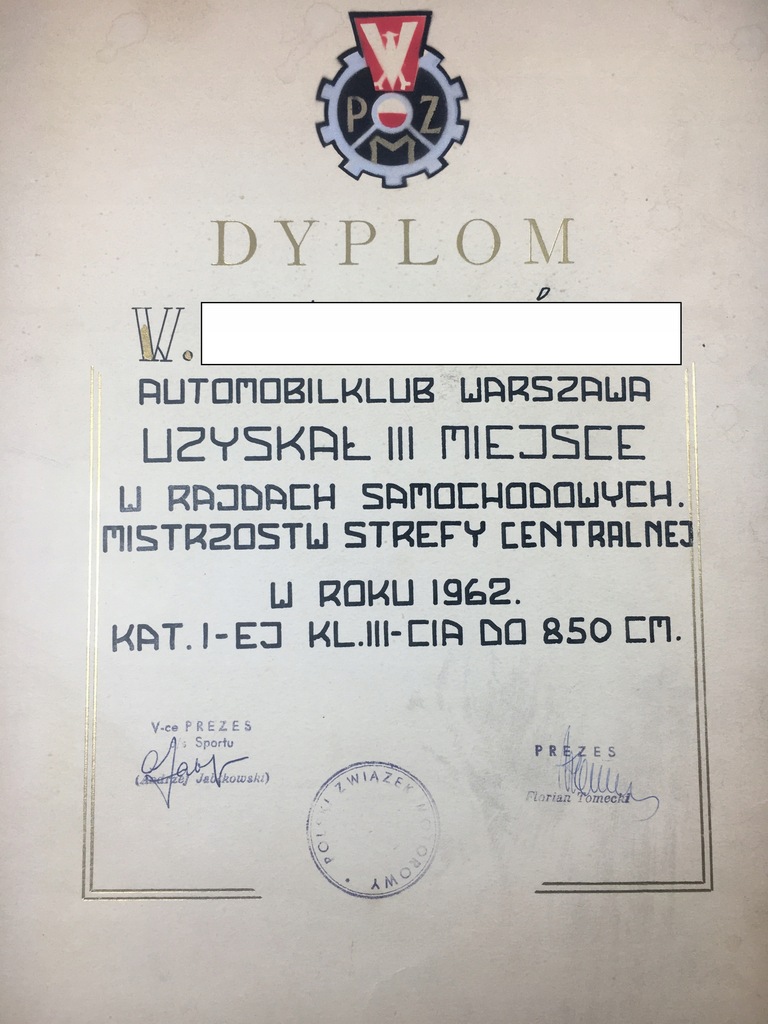 DYPLOM PZM AUTOMOBIL KLUB WARSZAWA 1962