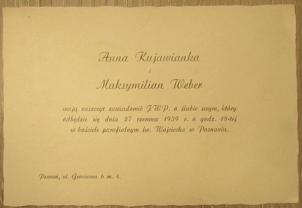 ZAPROSZENIE NA ŚLUB POZNAŃ CZERWIEC 1939 