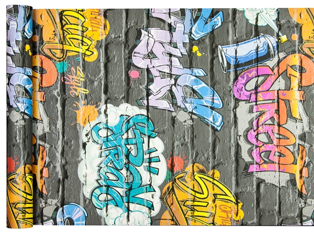 TAPETY młodzieżowe 3D GRAFFITI na czarnej cegle