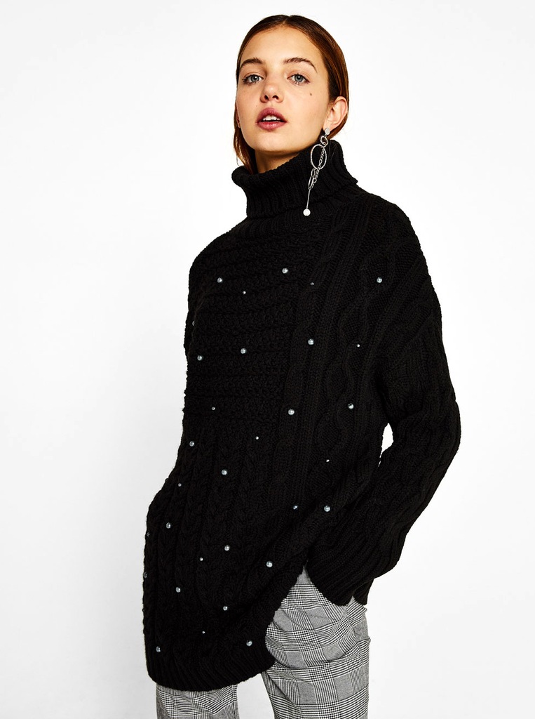 Bershka czarny sweter golf damski z perełkami L/XL