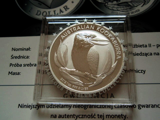 Kookaburra Ag 999 -1oz .2012 r.Stan 1+ Certyfikat