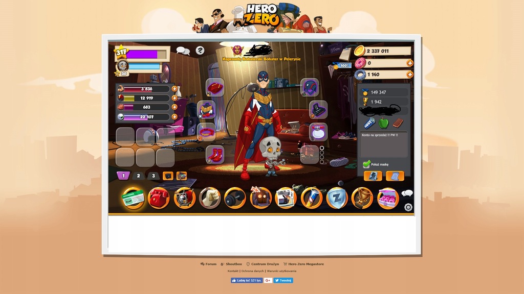 Konto Hero Zero 317 lvl PL. 20 , Super staty.